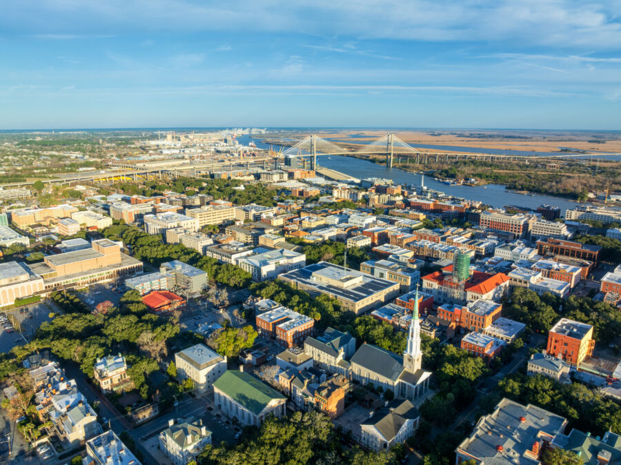 Scenic aerial view of Savannah, Georgia, highlighting its charming cityscape and architecture