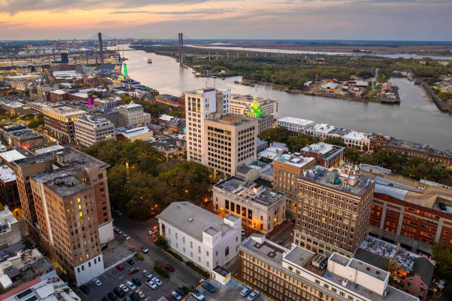 Aerial view of Savannah, Georgia, showcasing its historic architecture and panoramic cityscape