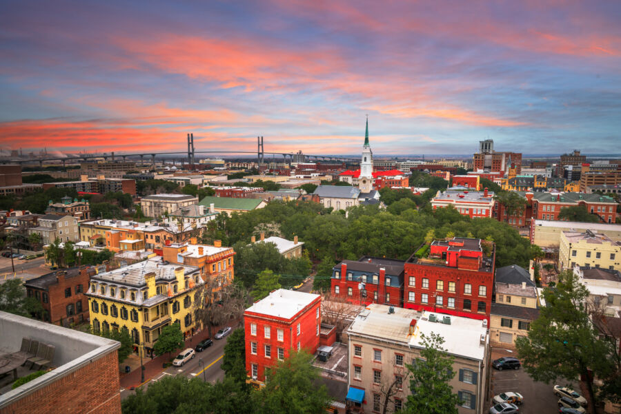 Aerial view of downtown Savannah, Georgia, showcasing its skyline with historic buildings