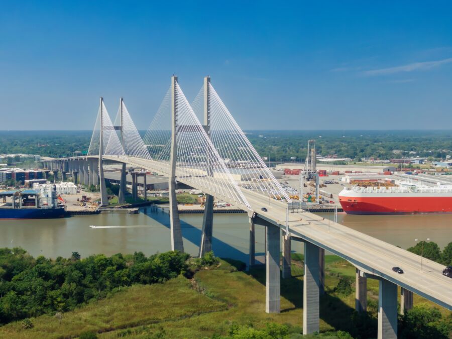 Aerial view of traffic on the Talmadge Memorial Bridge over the Savannah River in Savannah, Georgia