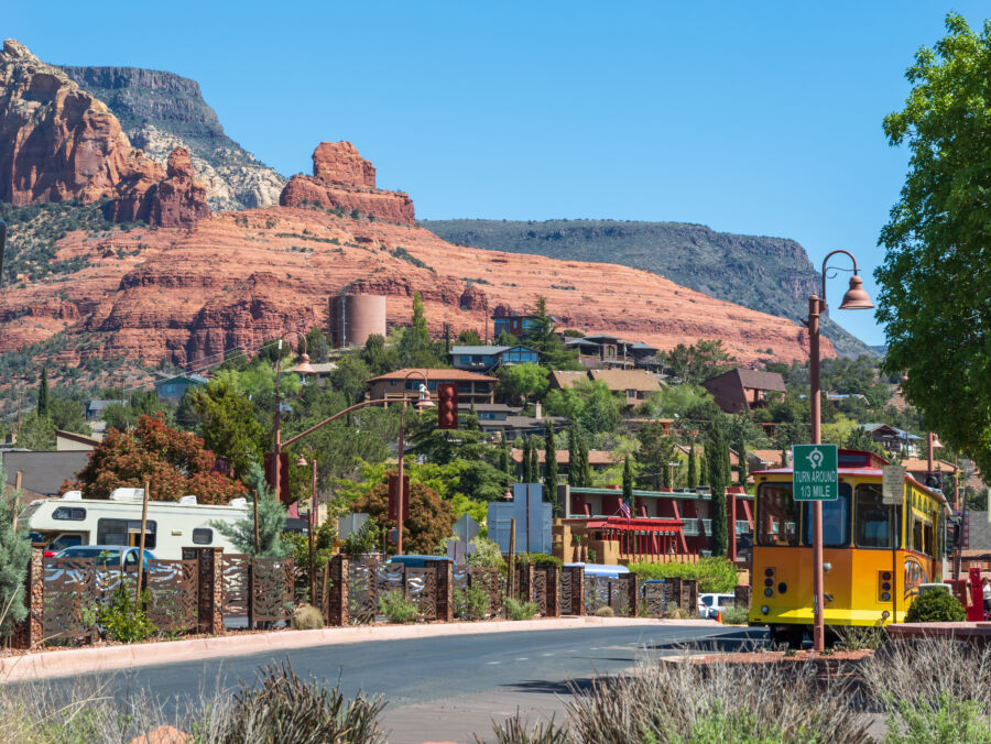 Downtown Sedona, Arizona, featuring charming shops and restaurants with iconic red rock scenery surrounding the area