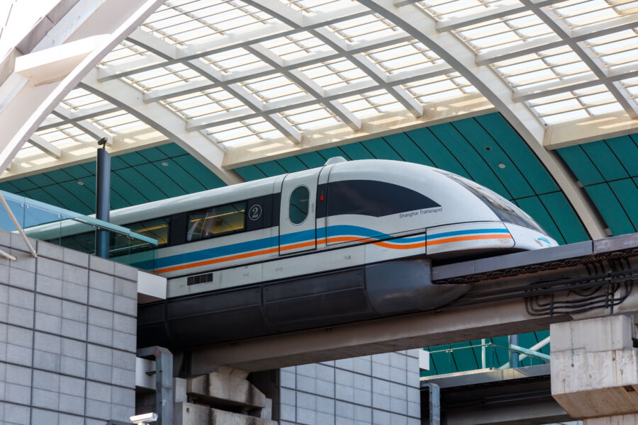 Exterior view of the Shanghai Transrapid Maglev train station, highlighting its modern design and magnetic levitation system