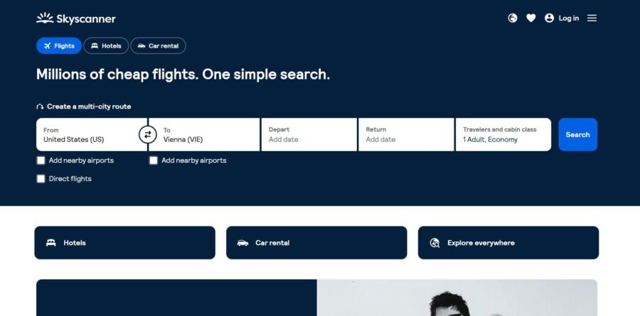 Skyscanner website landing page