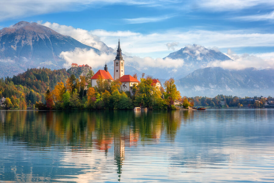 Scenic view of Bled Lake in Slovenia, featuring an island with a church