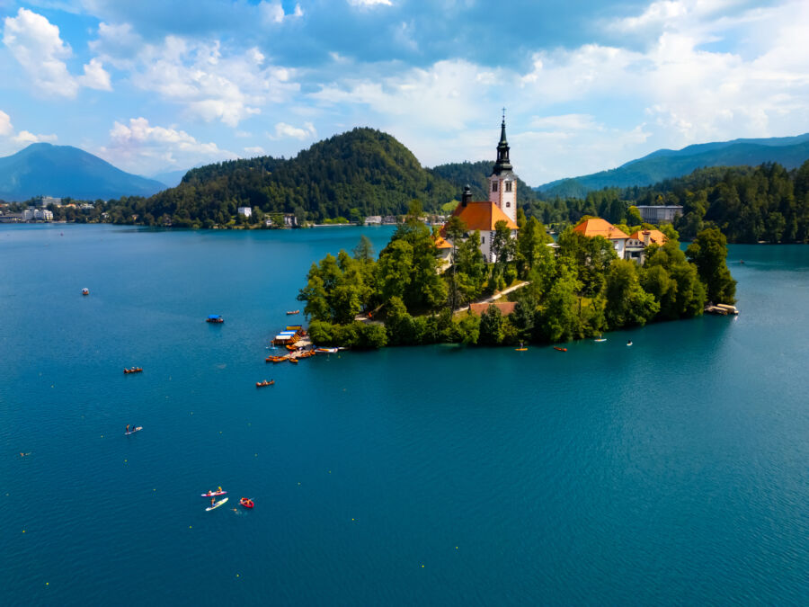 Stunning Lake Bled in Slovenia, nestled in the Julian Alps, known for its beautiful island and medieval castle