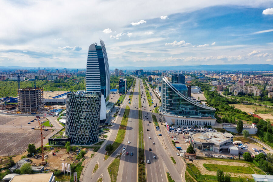 The business district of Sofia, Bulgaria, features impressive skyscrapers that symbolize the city's architectural advancement