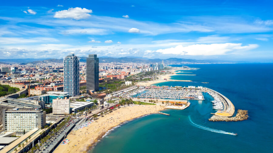 Aerial panorama of Somorrostro Beach in Barcelona, Spain