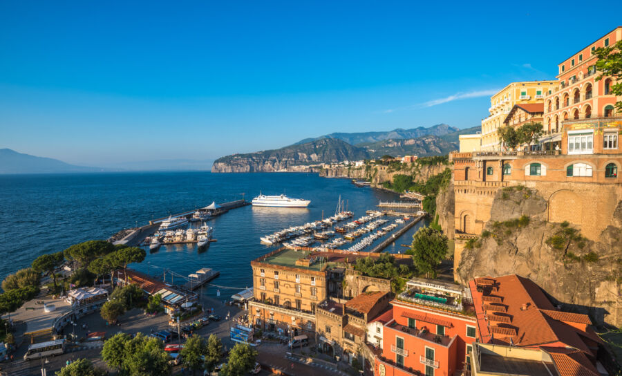 Panoramic view of Sorrento, showcasing the stunning Amalfi Coast with its cliffs and vibrant coastal scenery