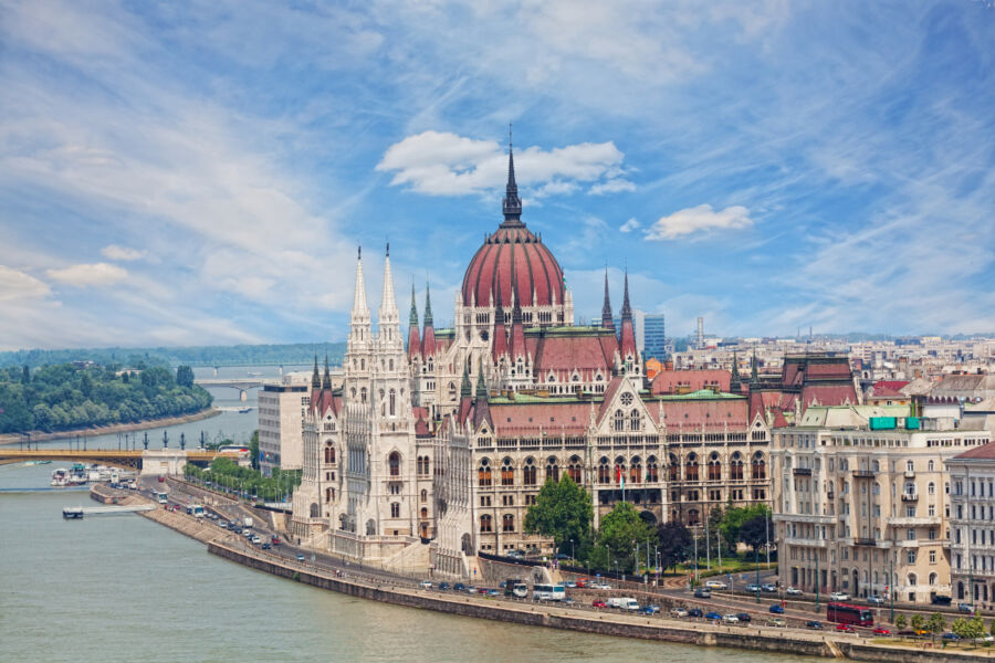 Scenic view of Sacred Stephen's Basilica in Budapest, Hungary, highlighting its impressive façade and surrounding cityscape