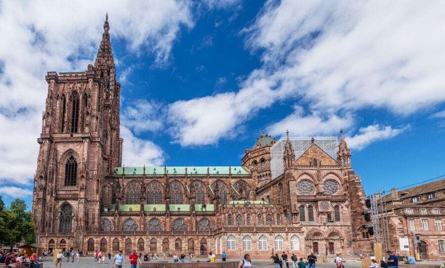 Stunning view of Strasbourg Cathedral, showcasing its intricate Gothic architecture and towering spire in France