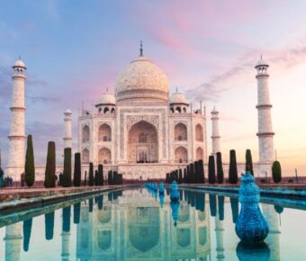 Taj Mahal at sunset with reflection in water