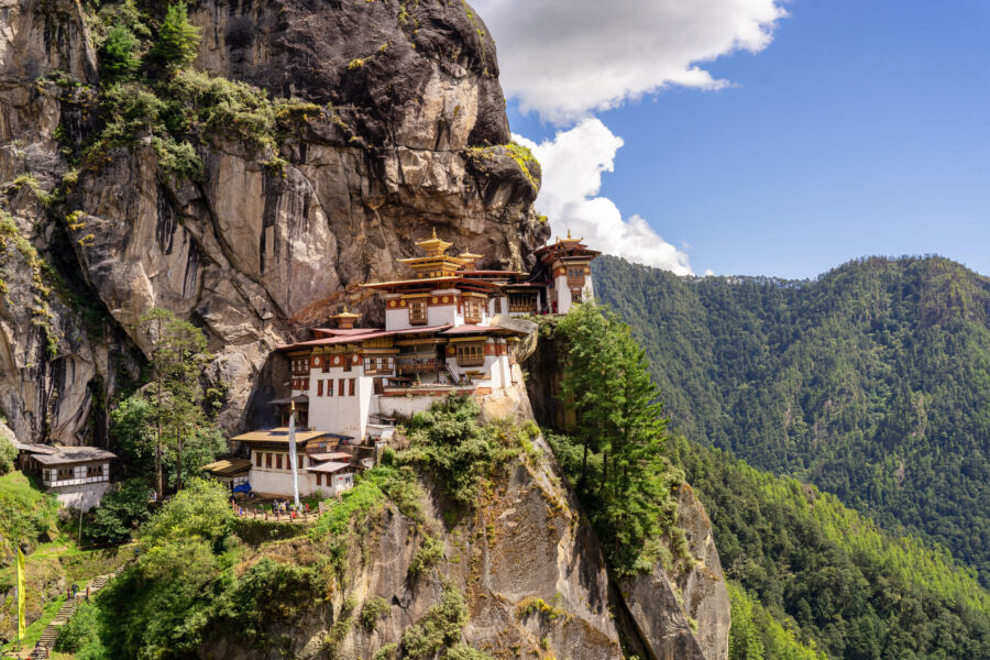 Scenic view of Taktsang Monastery, also known as The Tiger's Nest, perched on a cliff in Paro, Bhutan