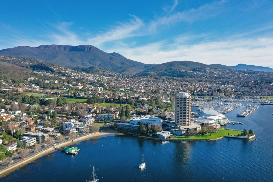 Aerial view of Hobart, featuring the Derwent River, Casino, and Mt Wellington in Tasmania, Australia