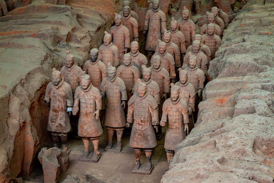 The Terracotta Army in Xian, China, features thousands of intricately crafted soldiers and horses from the Qin Dynasty