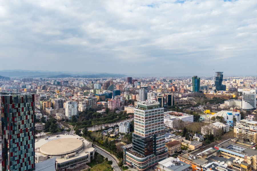 Aerial view of Tirana, Albania, highlighting the vibrant urban landscape and architectural diversity of the city