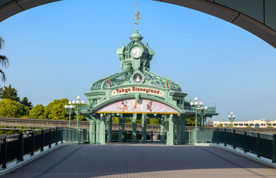 Entrance to Tokyo Disney Resort, featuring iconic signage and vibrant decorations welcoming visitors to the magical experience