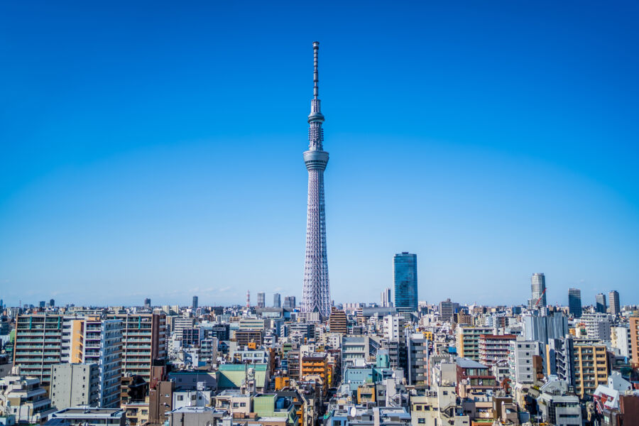 View of Tokyo Skytree towering over the Shitamachi district, captured from Kinshicho, showcasing urban architecture