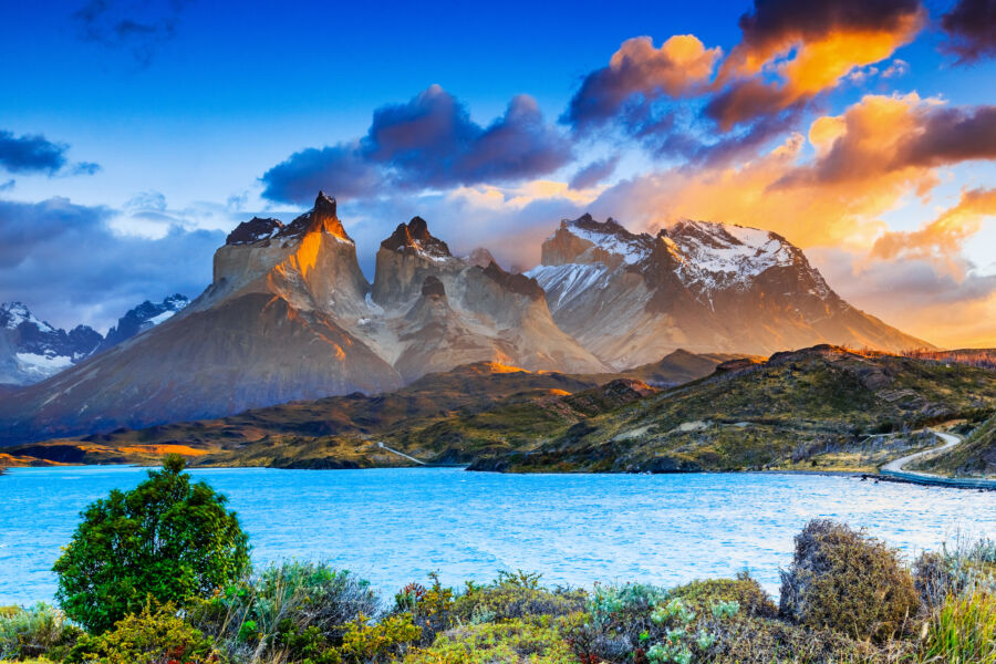 Scenic view of Torres Del Paine National Park in Patagonia, Chile, showcasing majestic mountains and lush landscapes