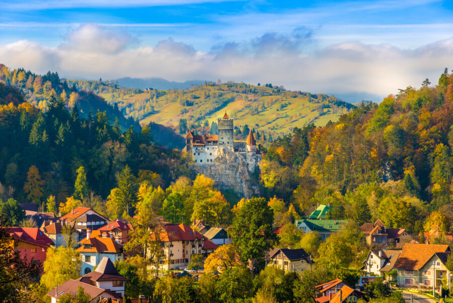 Panoramic view of Bran Castle in autumn, a popular tourist destination in Brașov, Transylvania, Romania