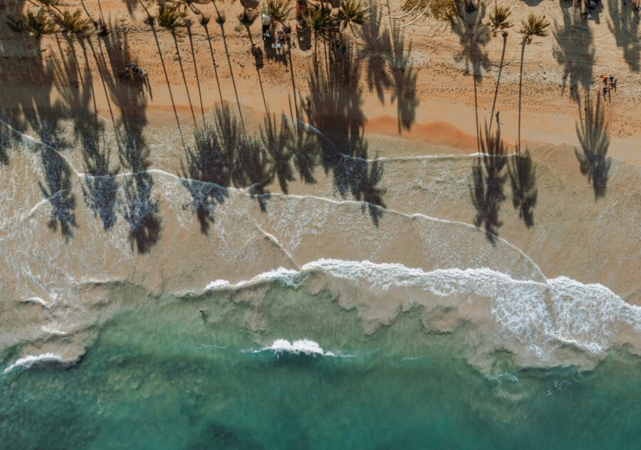 Aerial view of tropical Saona Island beach with turquoise ocean and palm trees