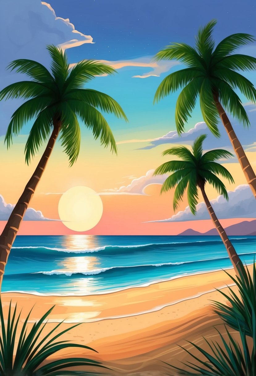 A serene beach at sunset with palm trees, calm waves, and a colorful sky