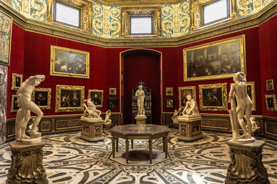 The Tribune room at the Uffizi Gallery, featuring stunning artworks and elegant design in Florence, Italy