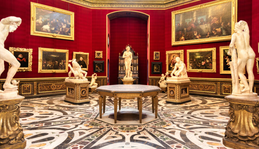 Exhibit in the Tribuna room at the Uffizi Gallery, showcasing renowned artworks in Florence, Italy