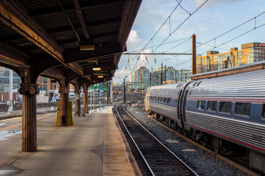 Union Station in Washington, DC, featuring its iconic façade and vibrant activity of travelers and visitors