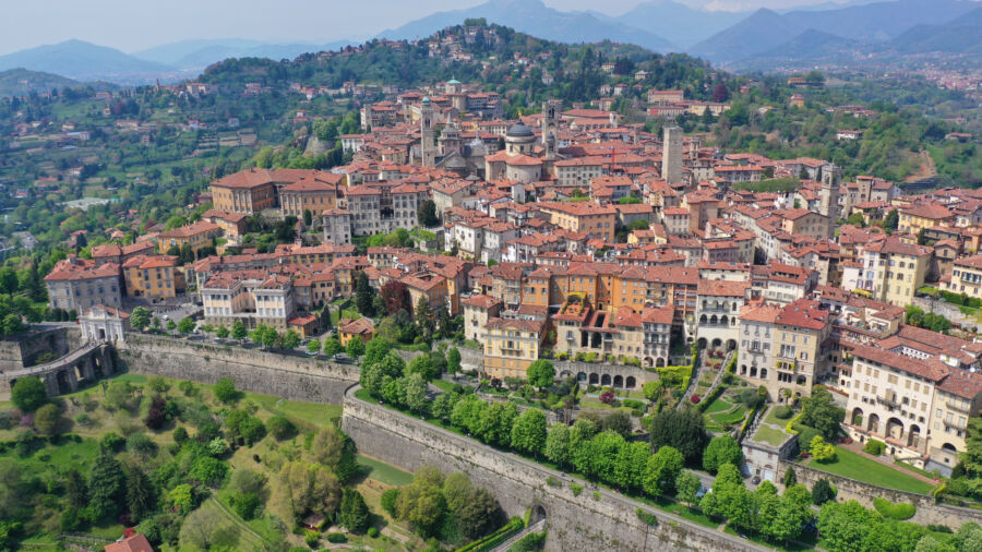 Aerial image of Bergamo, a picturesque upper medieval city in Lombardy, featuring its impressive fortifications and charming streets