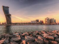 Cityscape & skyline of capital gate district Abu dhabi, UAE