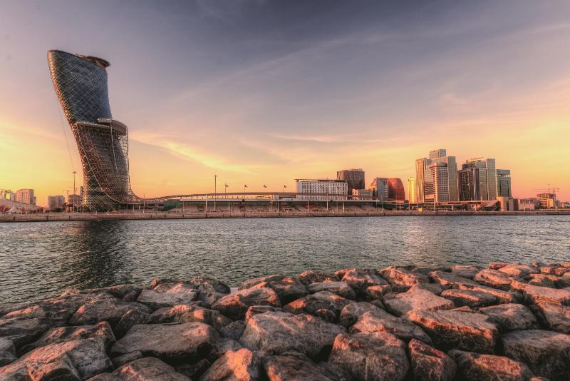 Cityscape & skyline of capital gate district Abu dhabi, UAE