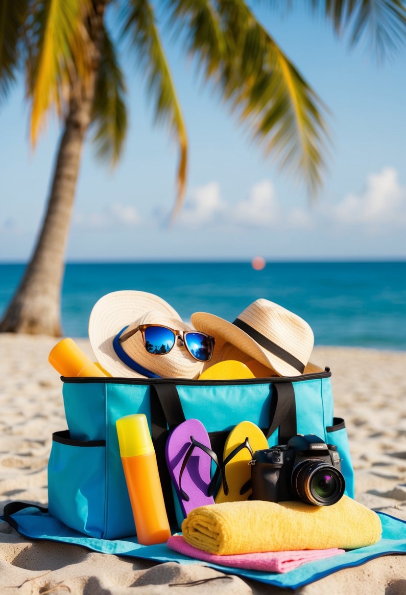 A beach bag filled with sunscreen, sunglasses, a towel, flip flops, a hat, and a camera sitting on a sandy shore with a palm tree in the background