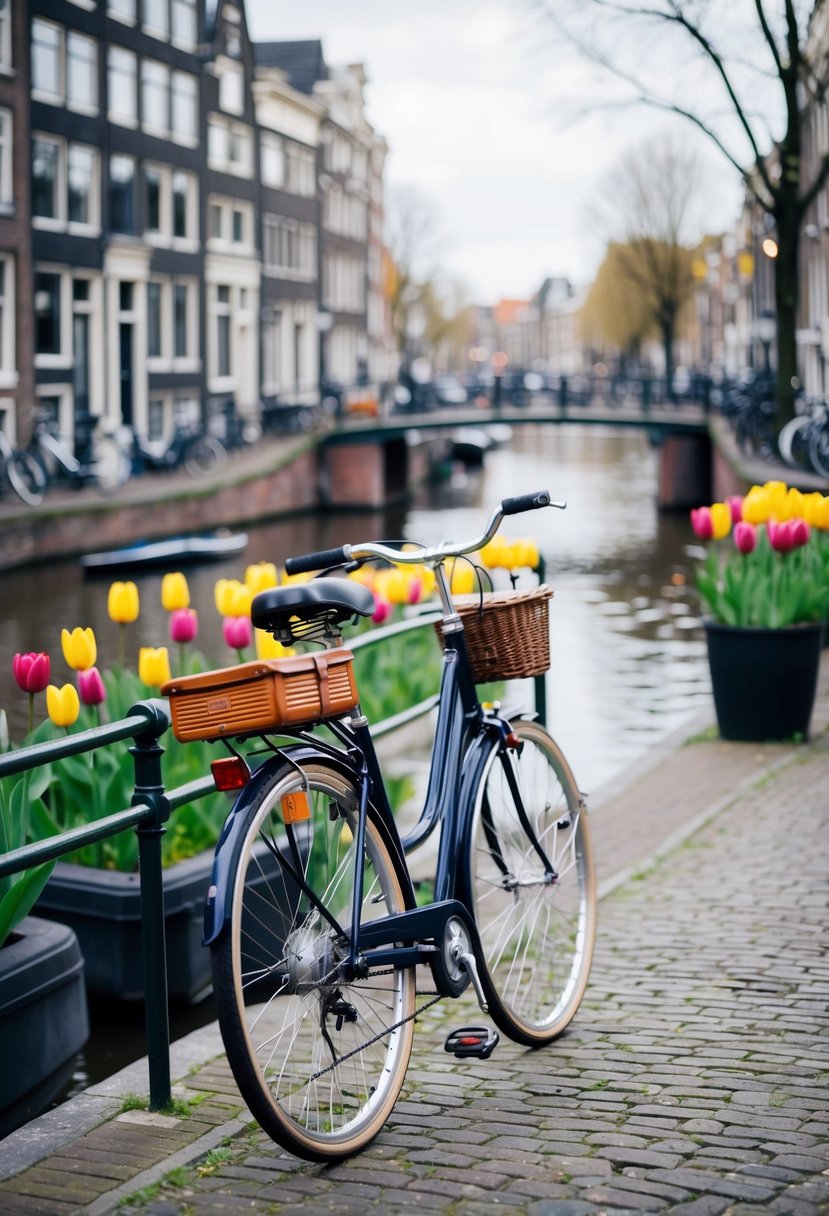 A bicycle parked on a cobblestone street, surrounded by a canal, tulips, and a map of Amsterdam