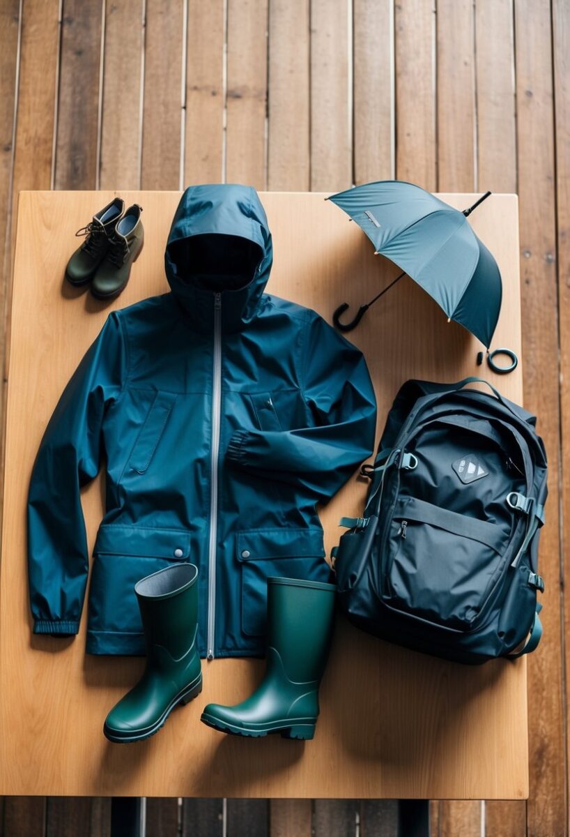 Backpack and raincoat with boots and umbrella