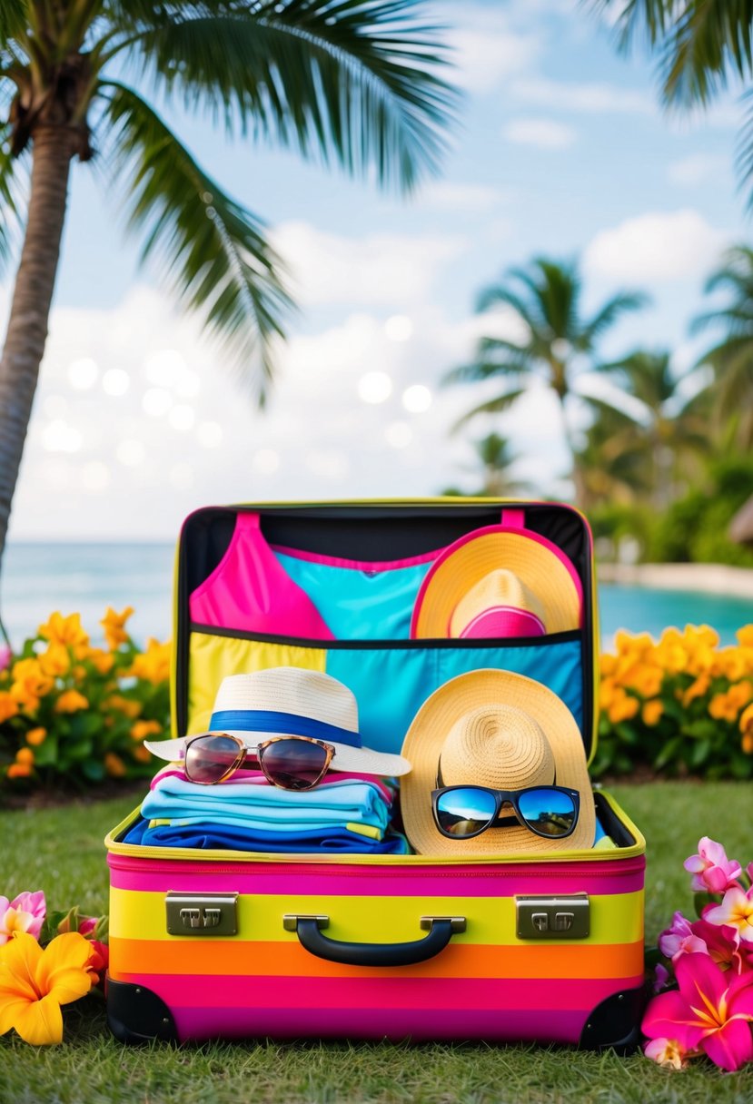 A colorful suitcase filled with swimwear, sandals, sun hats, and sunglasses, surrounded by tropical flowers and palm trees