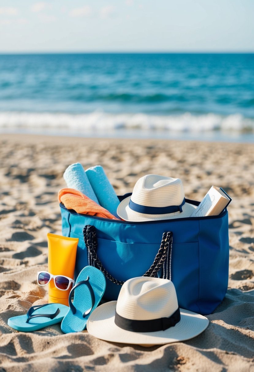 A beach bag filled with sunscreen, towel, sunglasses, hat, flip flops, and a book, laid out on the sand by the ocean