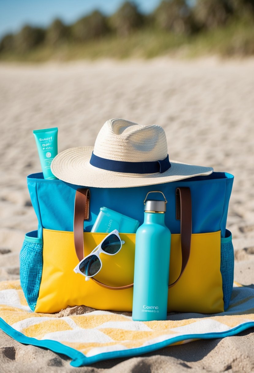 A beach bag filled with sunscreen, sunglasses, a wide-brimmed hat, aloe vera gel, and a reusable water bottle, resting on a sandy beach towel