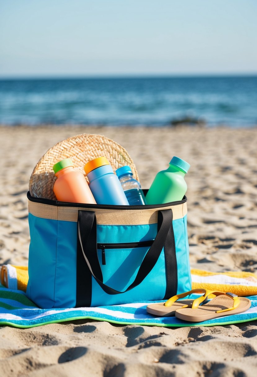 A beach bag filled with reusable water bottles, sunscreen, a straw hat, and a beach towel laid out on the sand with a pair of flip flops nearby