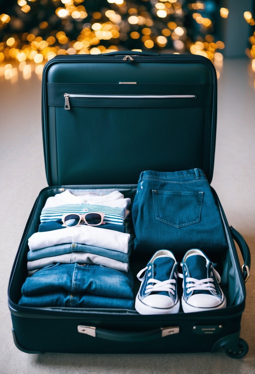 A suitcase open with neatly folded clothing items, including t-shirts, jeans, sneakers, and sunglasses, ready to be packed for a trip to Los Angeles