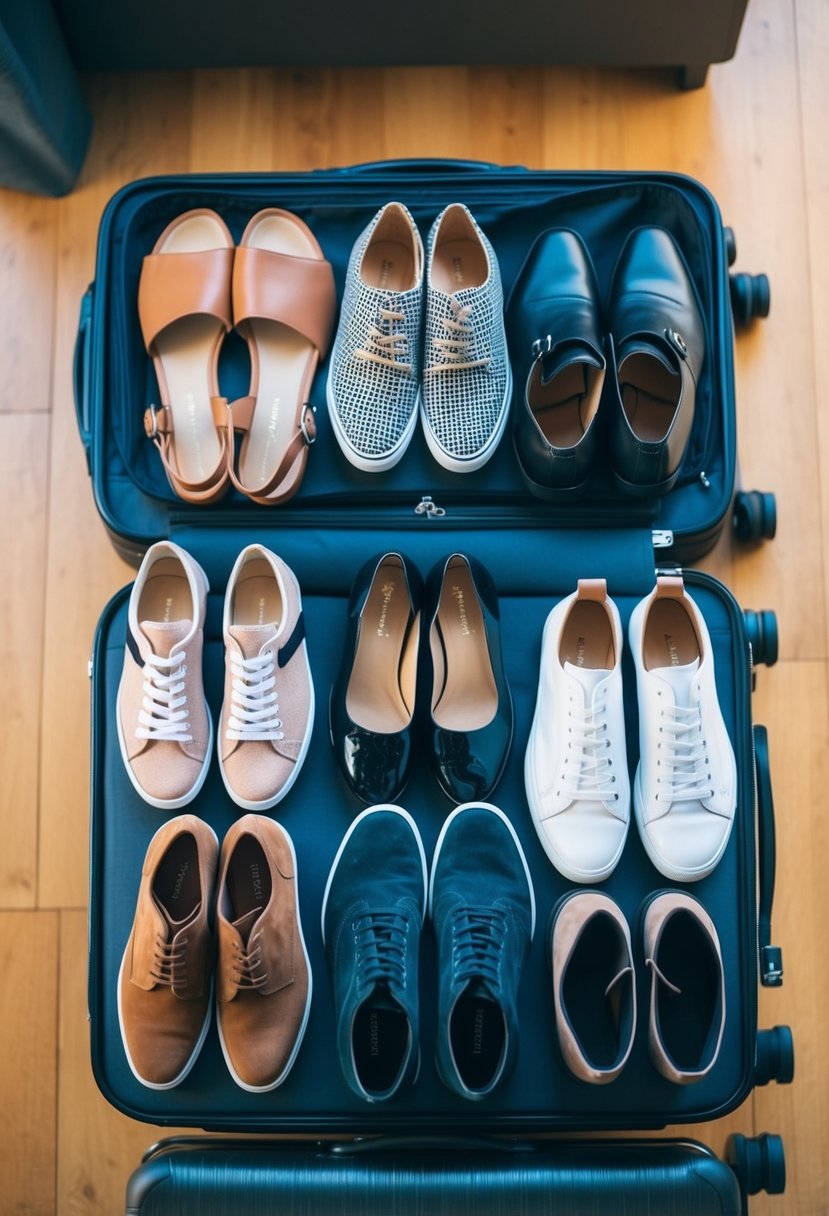 A variety of shoes arranged neatly on a suitcase, including sandals, sneakers, dress shoes, and boots, ready for any occasion in Los Angeles