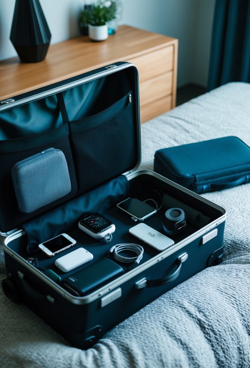 A suitcase open with various tech gadgets and travel accessories scattered around on a bed