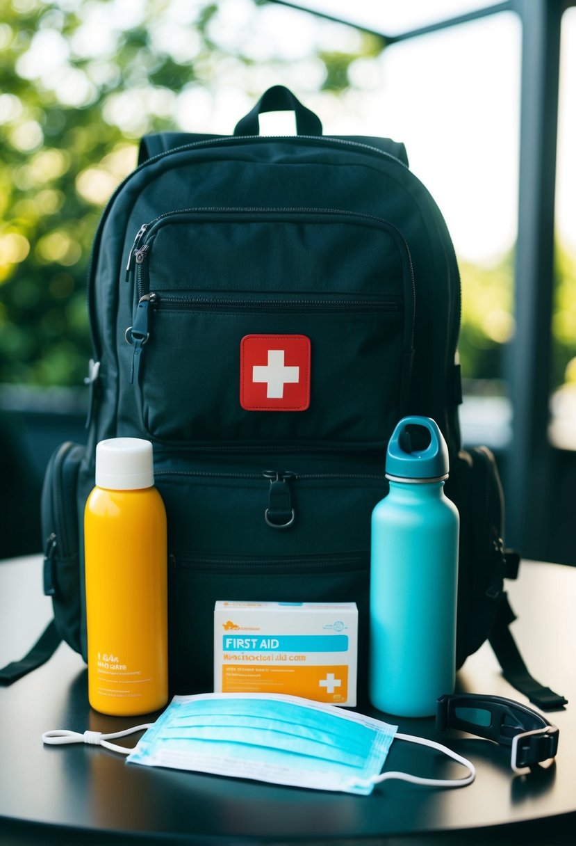 A backpack with a first aid kit, sunscreen, water bottle, and face mask on a table