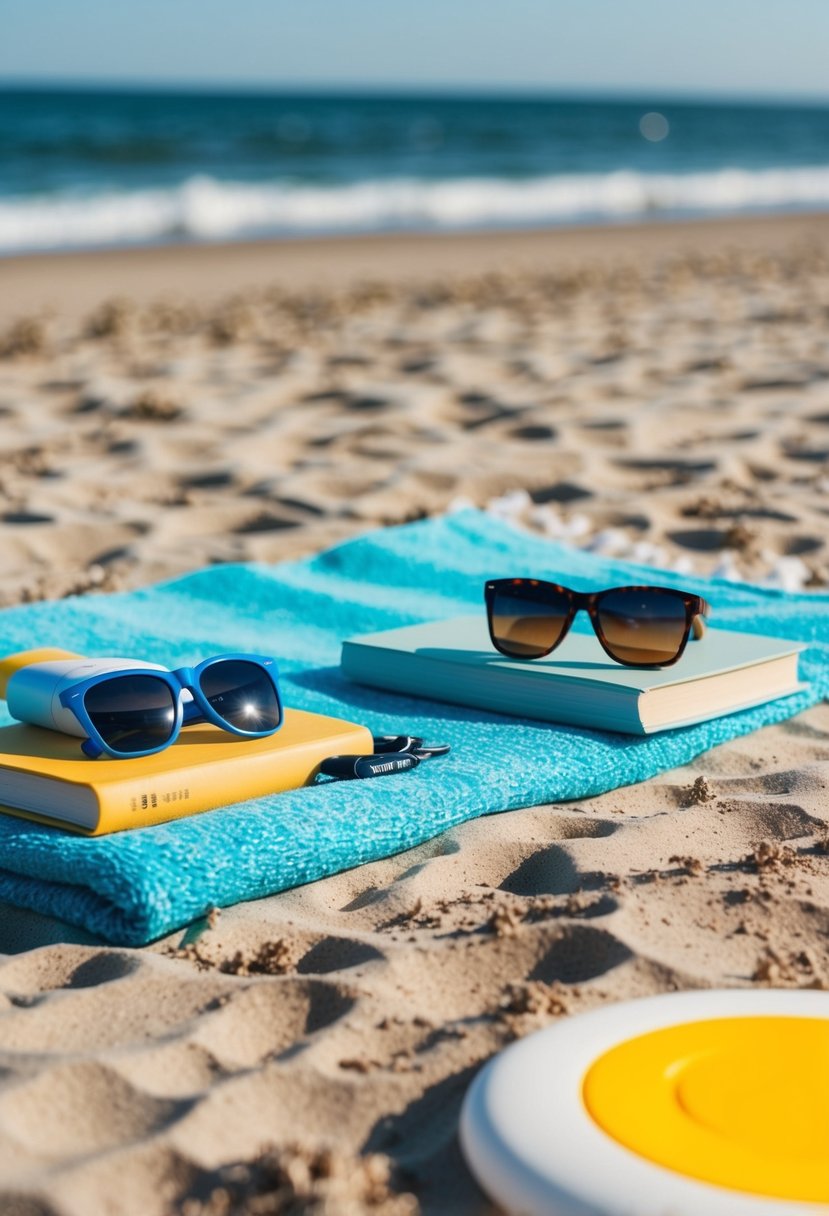 A beach towel, sunglasses, sunscreen, a book, and a frisbee scattered on the sand by the ocean