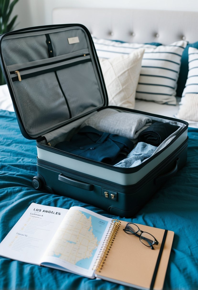 A suitcase open on a bed, filled with clothes and travel essentials. A map of Los Angeles and a notebook with itinerary plans lay nearby