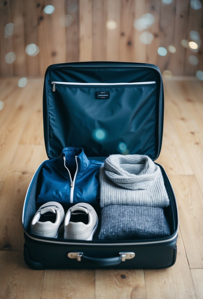 A suitcase open with neatly folded clothing items: a rain jacket, wool sweater, scarf, and comfortable walking shoes