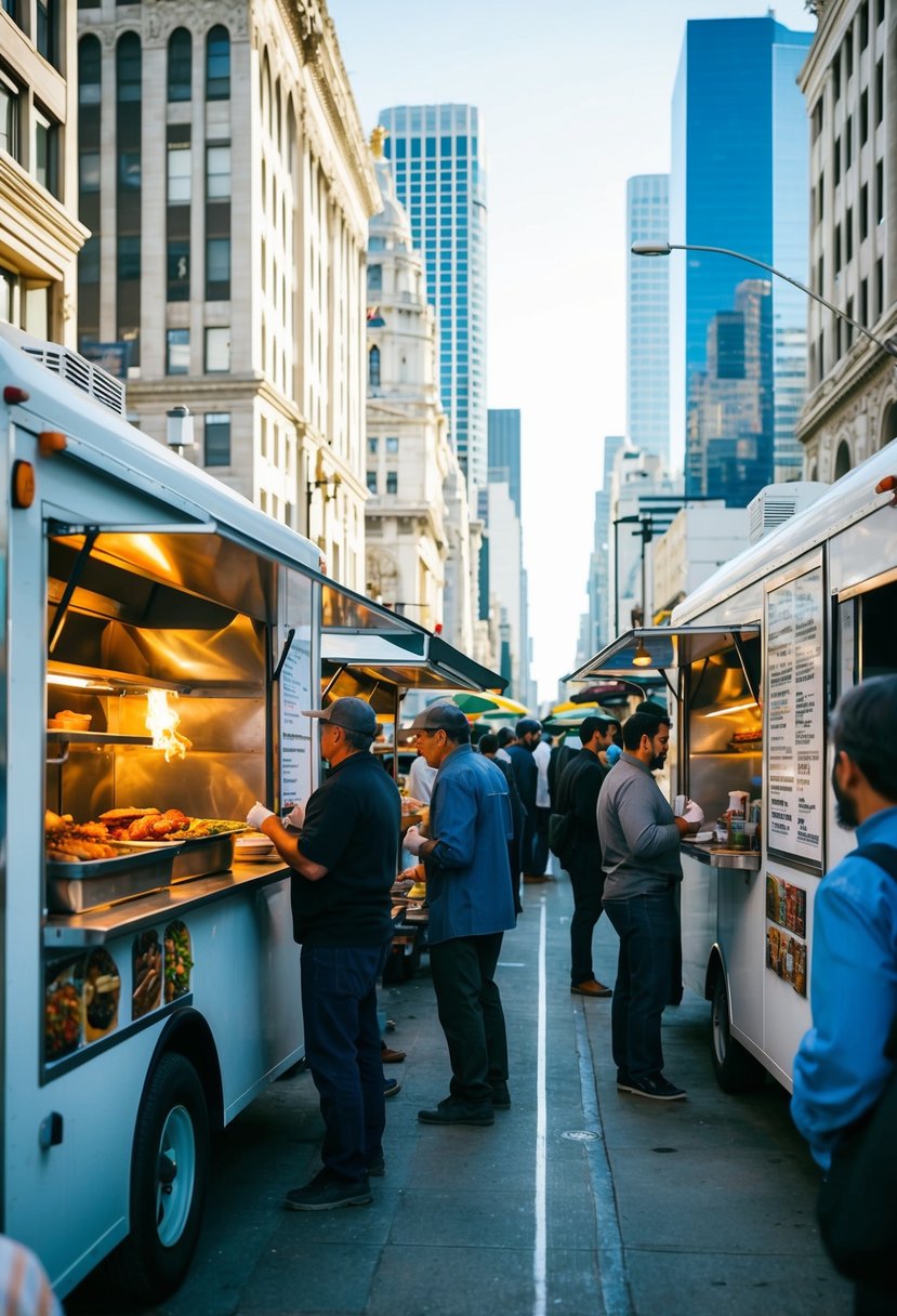 Busy food trucks line the bustling streets of LA, offering a variety of cuisines. The aroma of sizzling meats and spices fills the air as people gather to sample the city's gastronomic delights