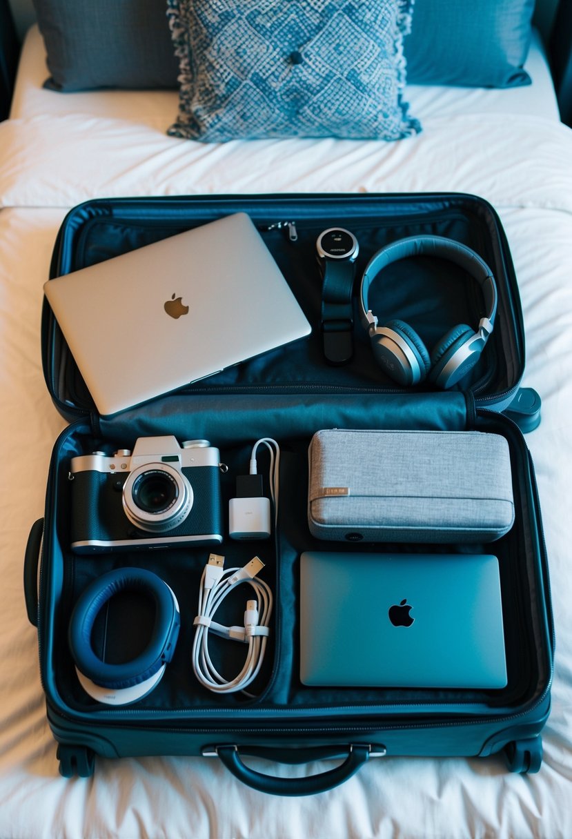 A suitcase filled with travel gear and electronics, including a laptop, camera, headphones, and chargers, laid out on a bed ready to be packed for a trip to London