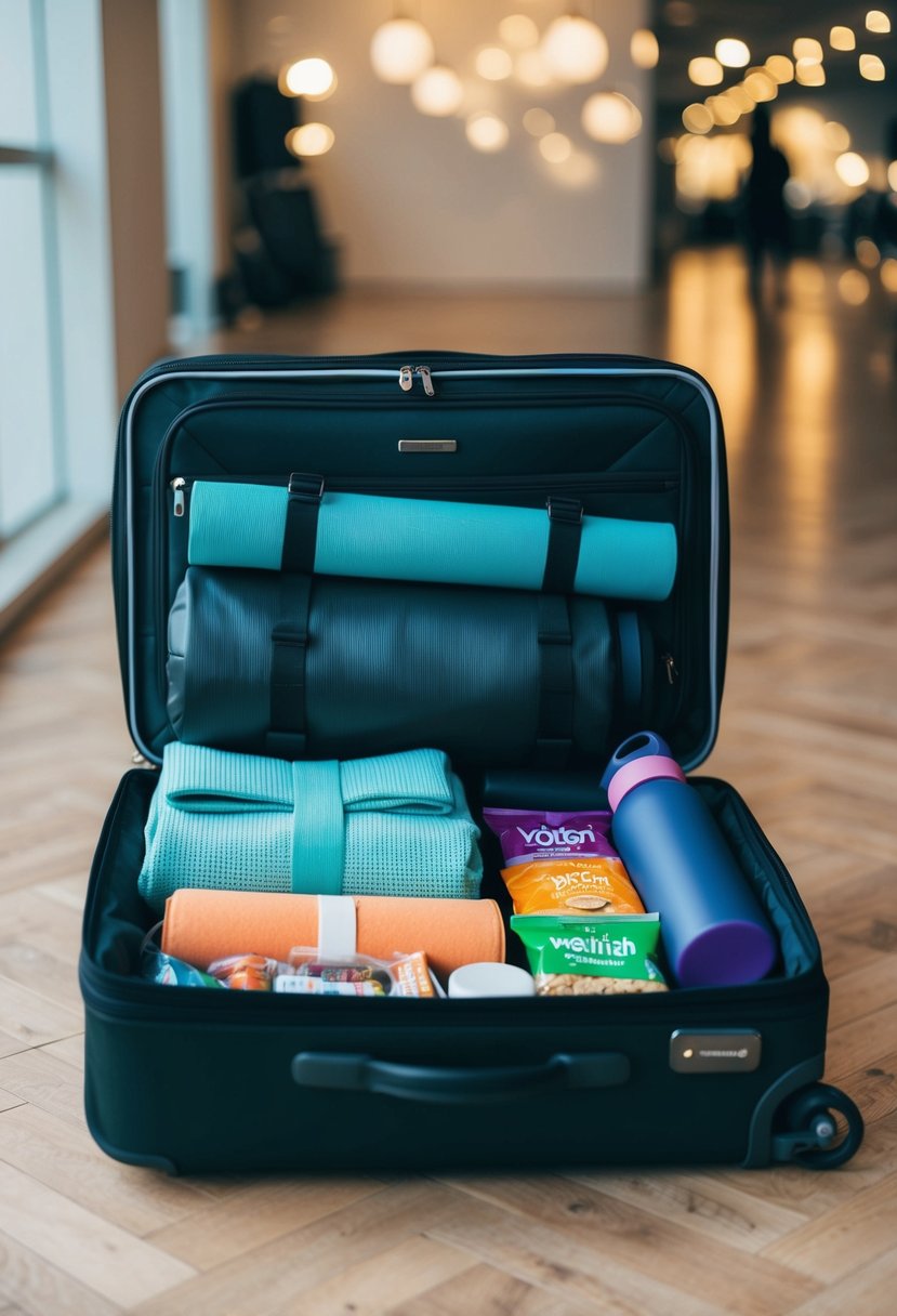 A suitcase filled with workout gear, yoga mat, water bottle, healthy snacks, and travel-sized toiletries for a trip to Copenhagen