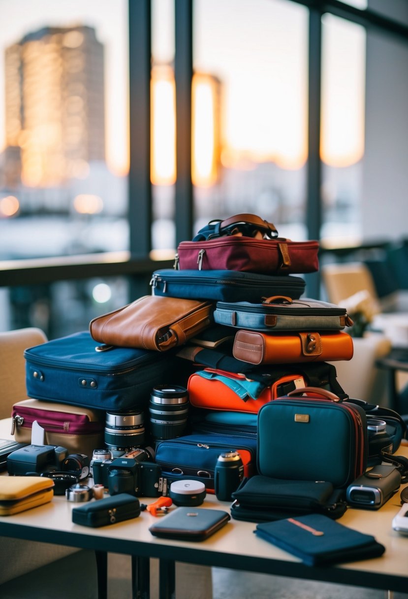 A pile of travel accessories and miscellaneous items scattered on a table