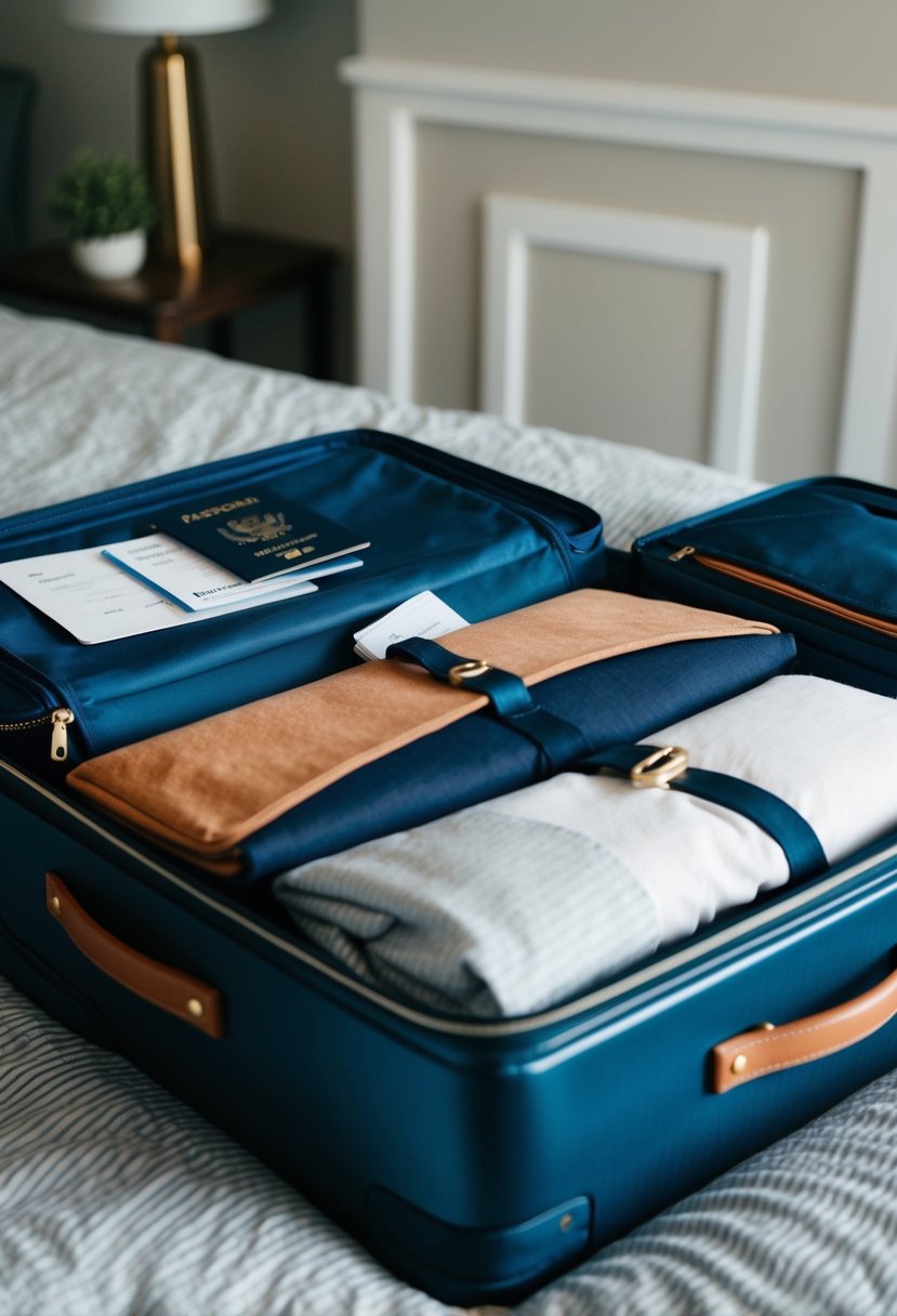 A suitcase open on a bed, filled with clothes, toiletries, and travel documents. A passport and boarding pass sit on top